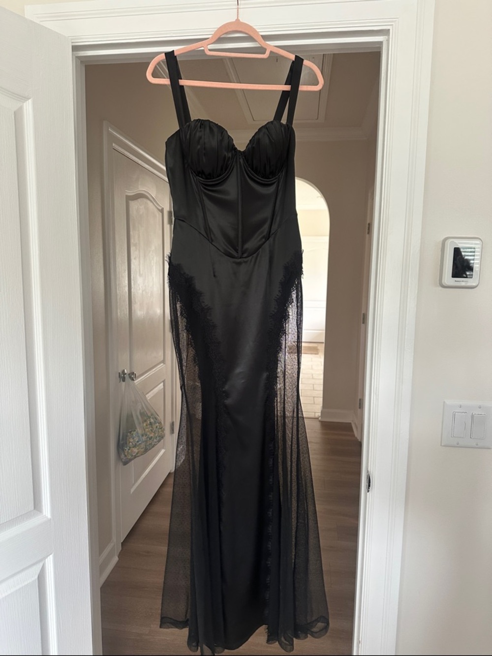 Black Satin & Lace Evening Dress with Sheer Panels